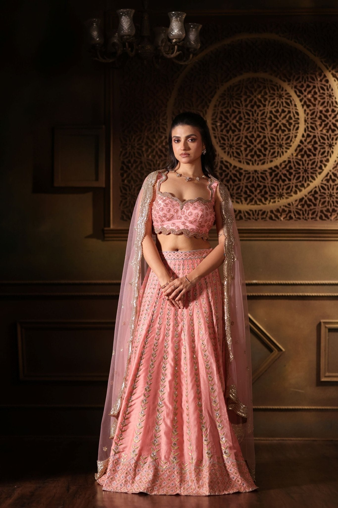 Pink Bridal Lehenga Set With Heavy Embroidered Work - Anvi Couture