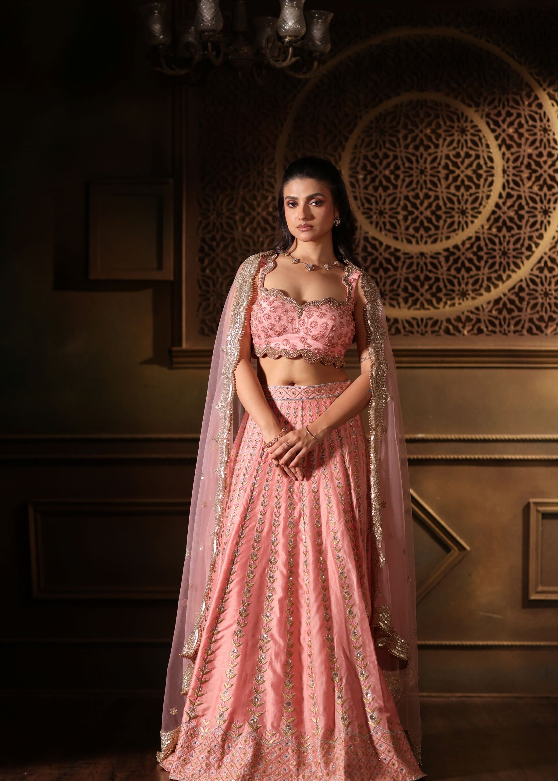 Pink Bridal Lehenga Set  With Heavy Embroidered Work front