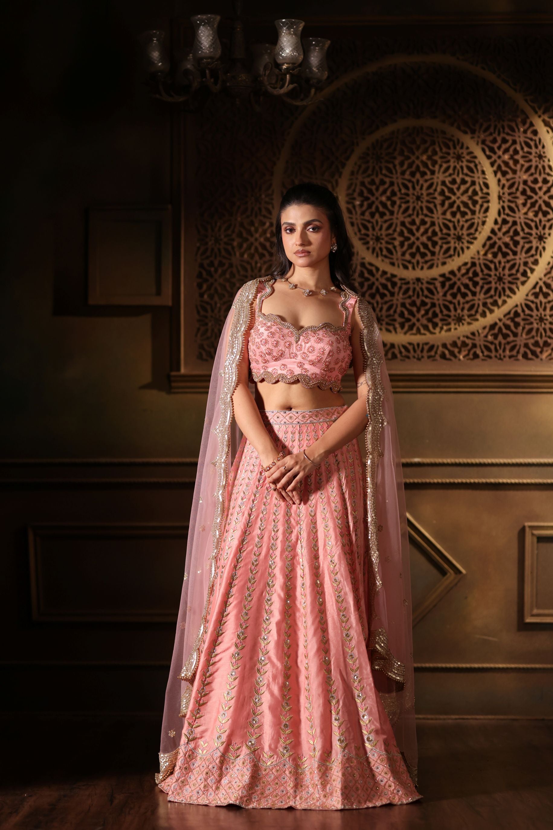 Pink Bridal Lehenga Set  With Heavy Embroidered Work front