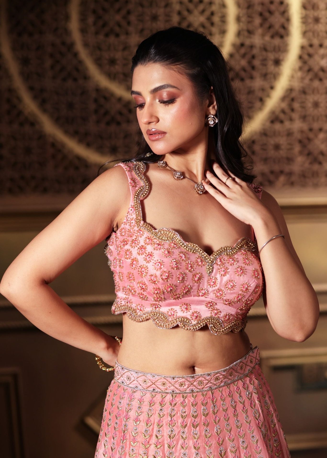 Pink Bridal Lehenga Set With Heavy Embroidered Work - Anvi Couture