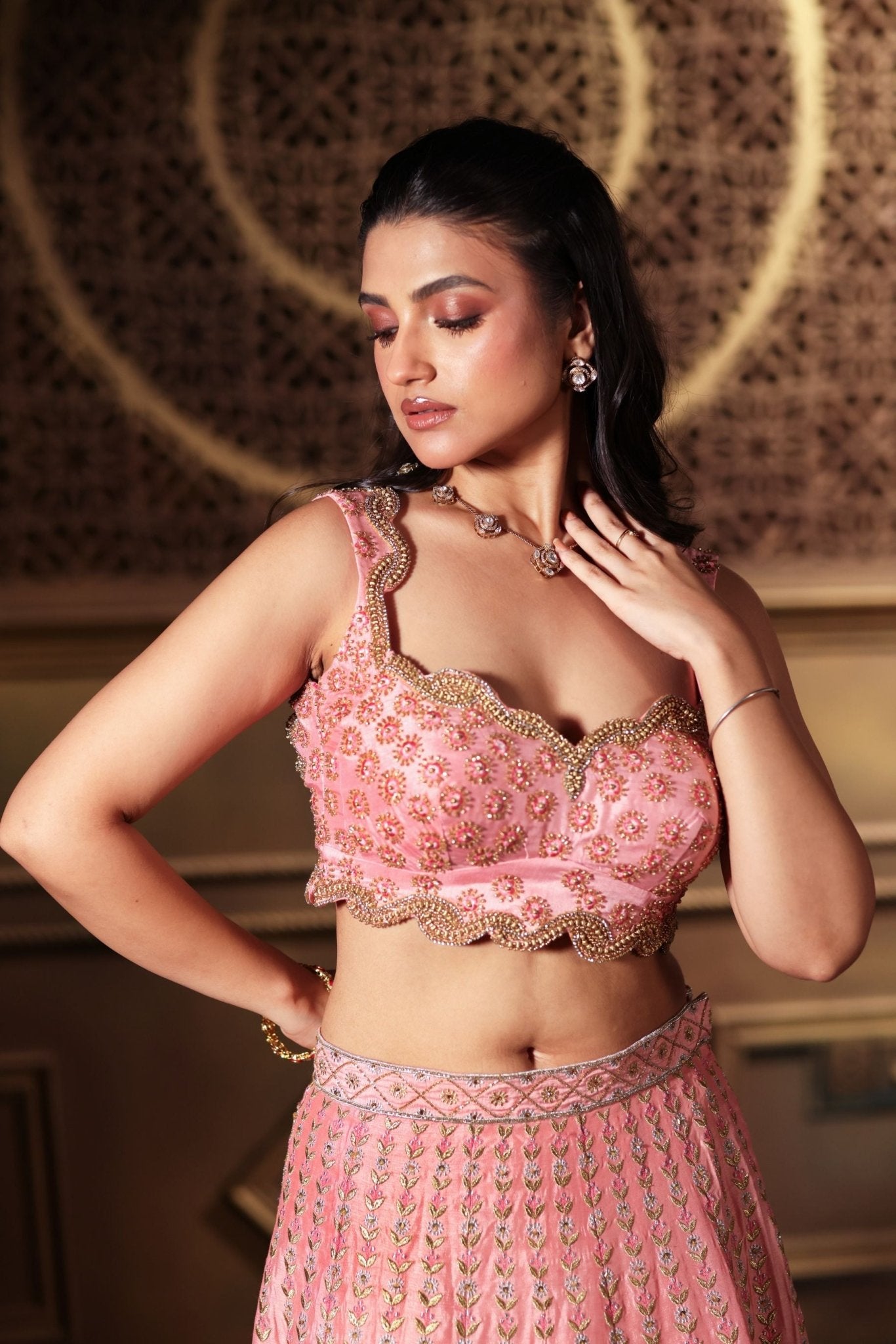 Pink Bridal Lehenga Set With Heavy Embroidered Work - Anvi Couture