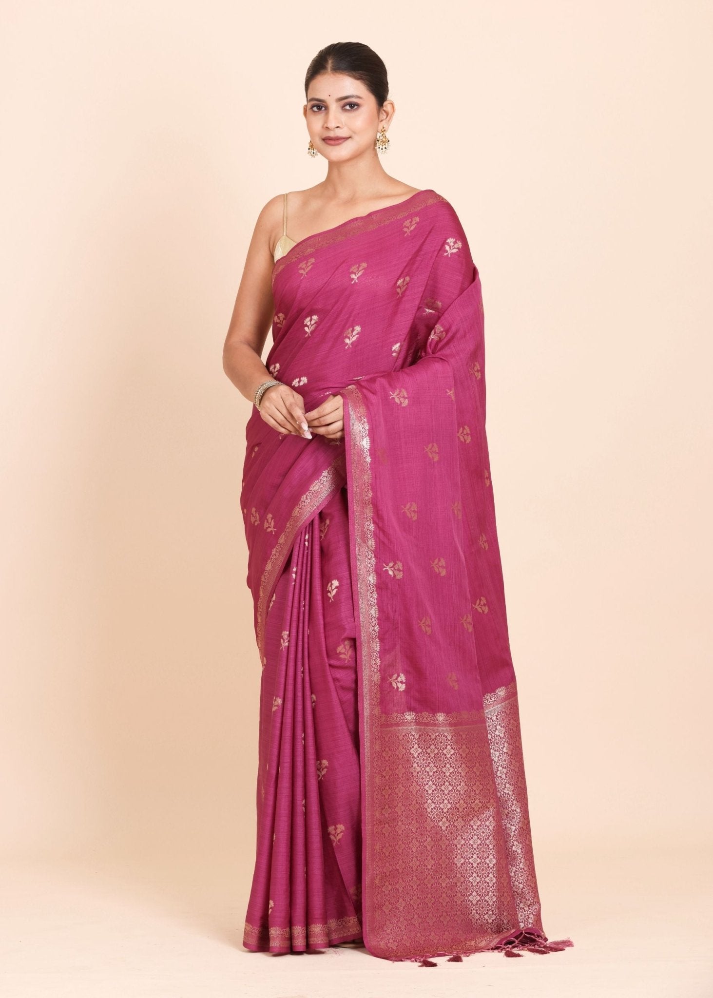 Pink Chanderi Silk Saree with Golden Floral Woven Embellishment - Anvi Couture