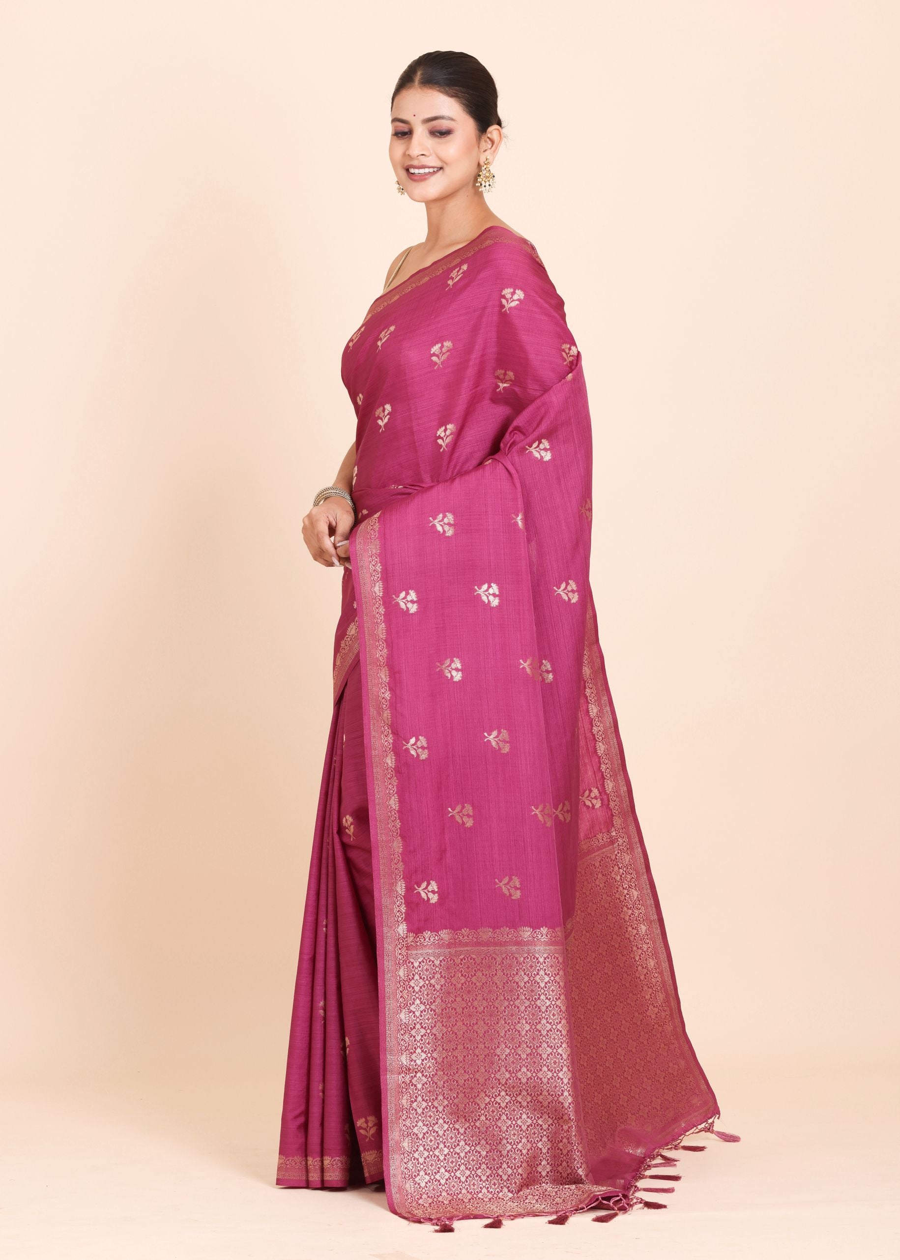 Pink Chanderi Silk Saree with Golden Floral Woven Embellishment Side