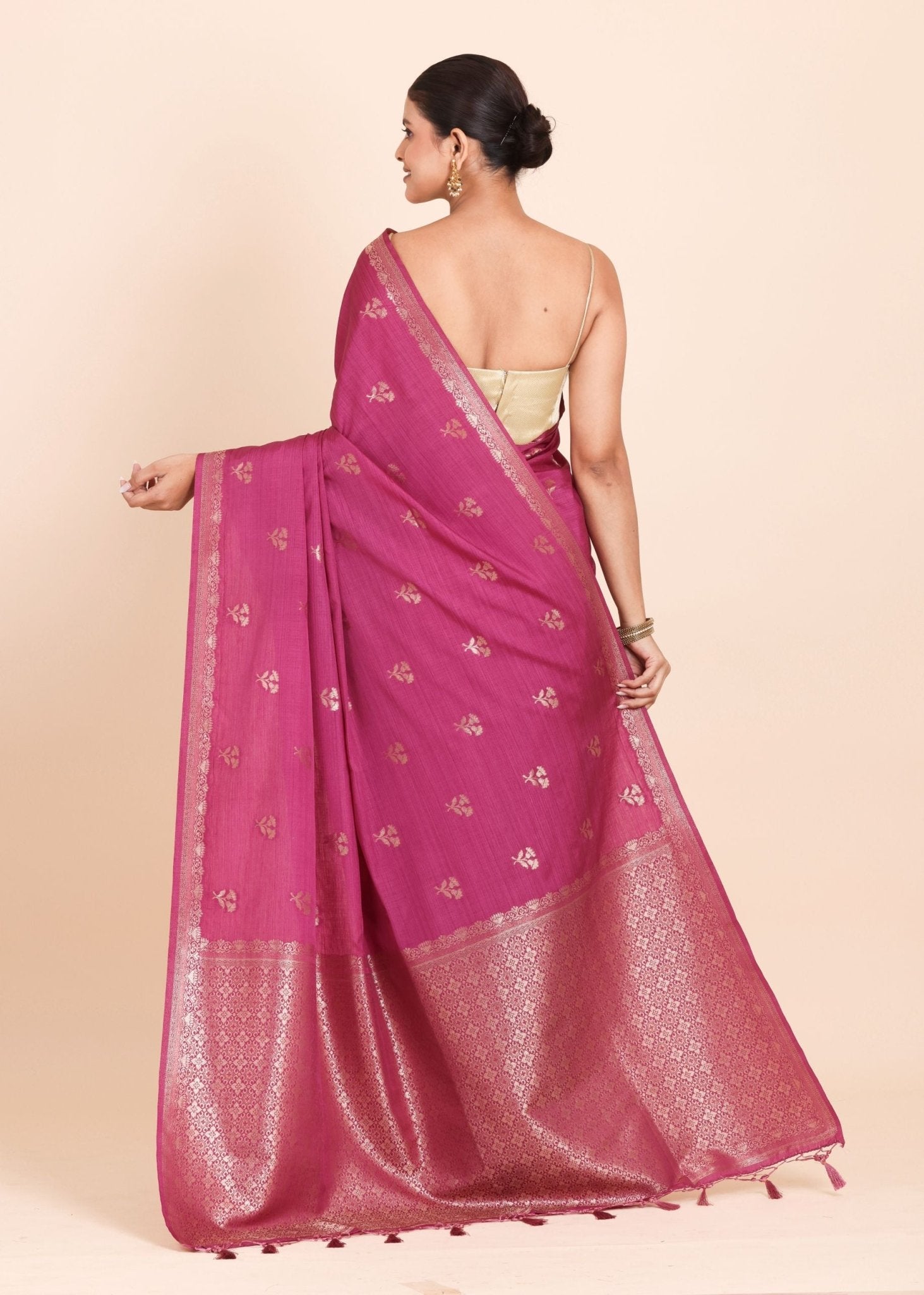 Pink Chanderi Silk Saree with Golden Floral Woven Embellishment - Anvi Couture