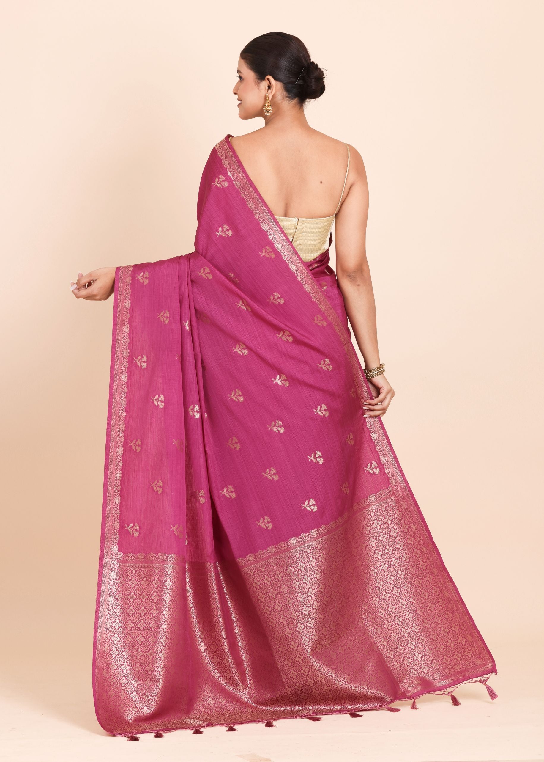 Pink Chanderi Silk Saree with Golden Floral Woven Embellishment Back