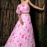 Pink Chiffon Floral Printed Lehenga with Ruffle Top - Anvi Couture