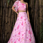 Pink Chiffon Floral Printed Lehenga with Ruffle Top - Anvi Couture