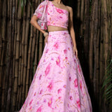 Pink Chiffon Floral Printed Lehenga with Ruffle Top - Anvi Couture