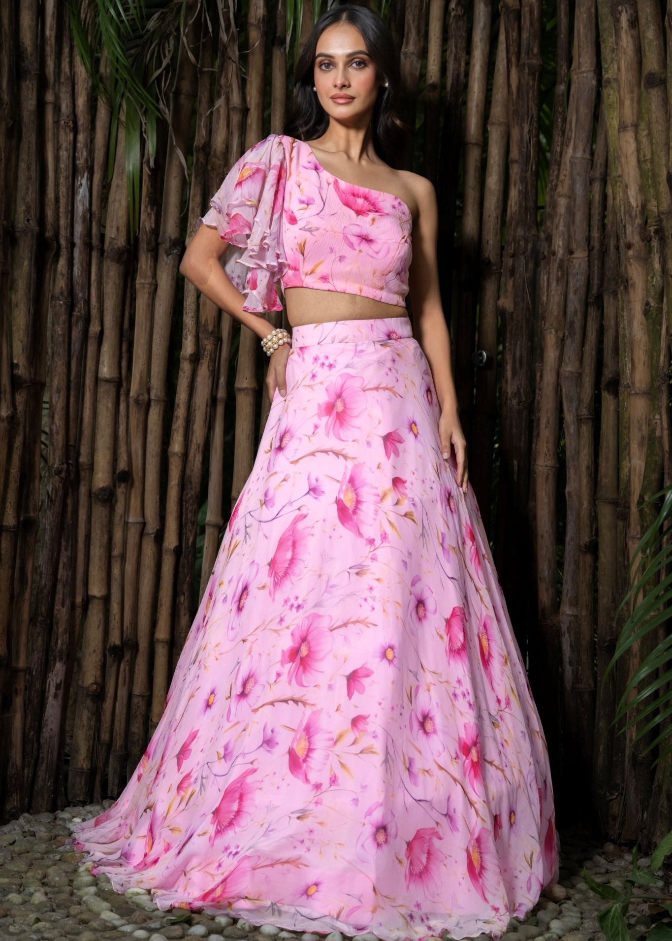 Pink Chiffon Floral Printed Lehenga with Ruffle Top - Anvi Couture
