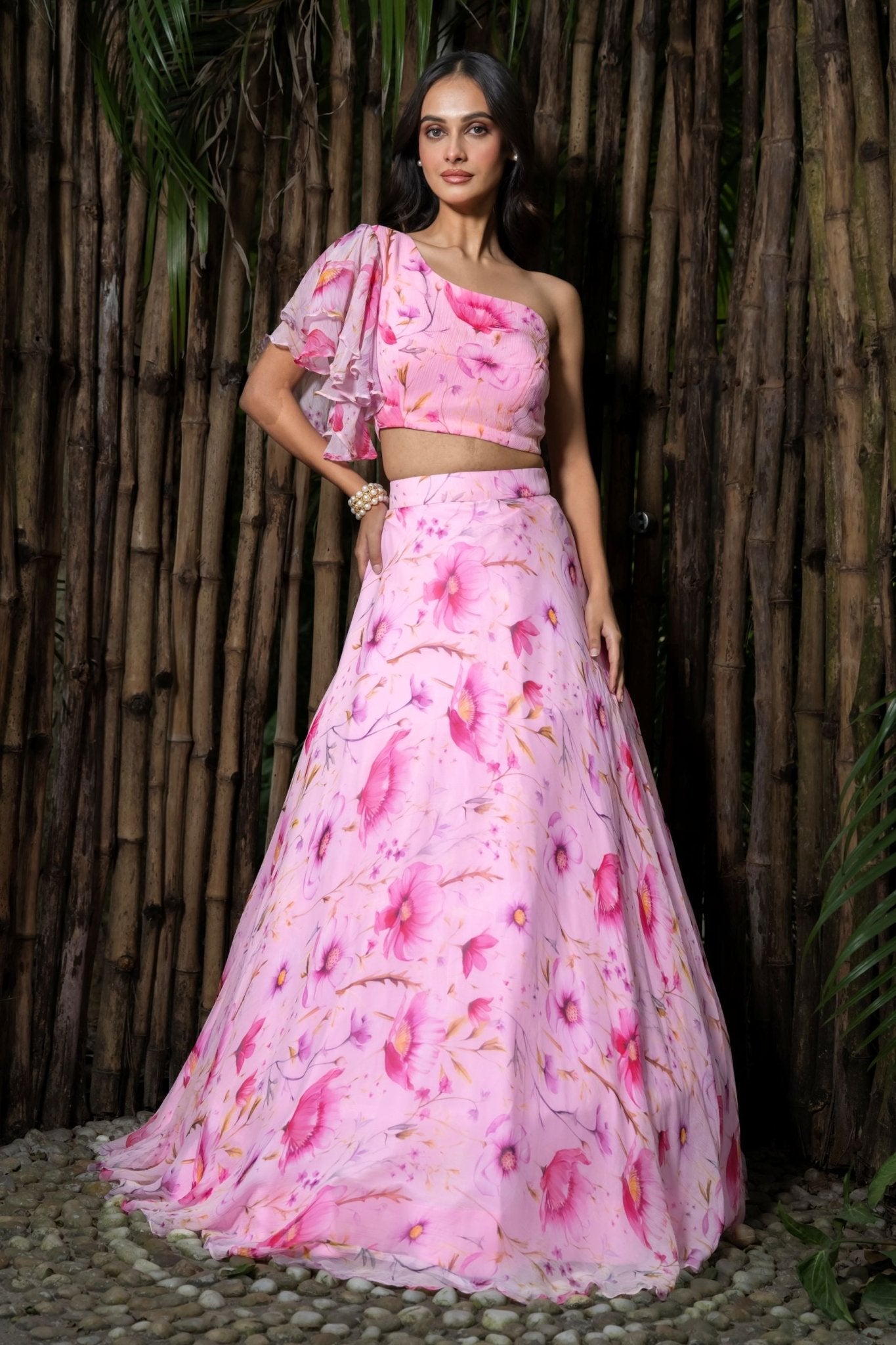 Pink Chiffon Floral Printed Lehenga with Ruffle Top - Anvi Couture