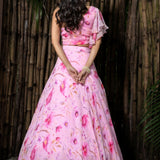Pink Chiffon Floral Printed Lehenga with Ruffle Top - Anvi Couture