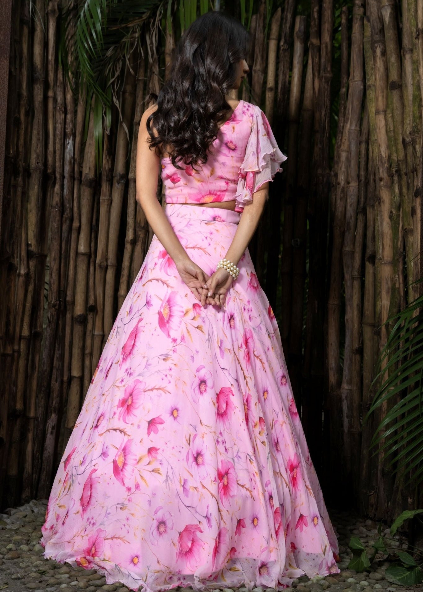 Pink Chiffon Floral Printed Lehenga with Ruffle Top - Anvi Couture