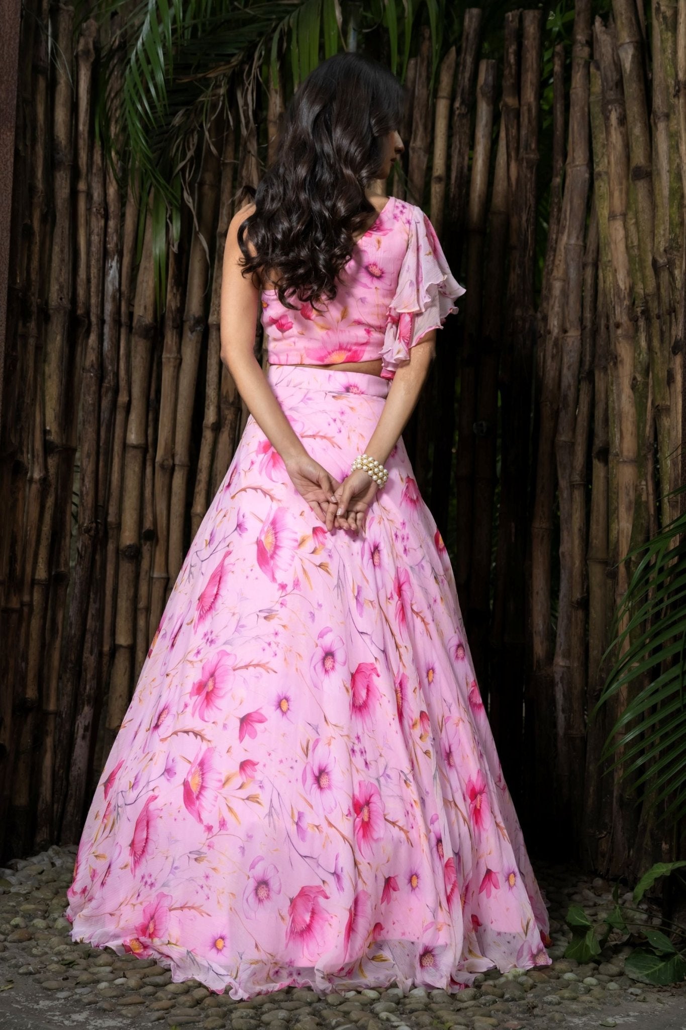 Pink Chiffon Floral Printed Lehenga with Ruffle Top - Anvi Couture