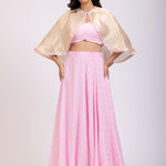 Pink Chiffon Lehenga  Set with Sequins Golden Shrug full