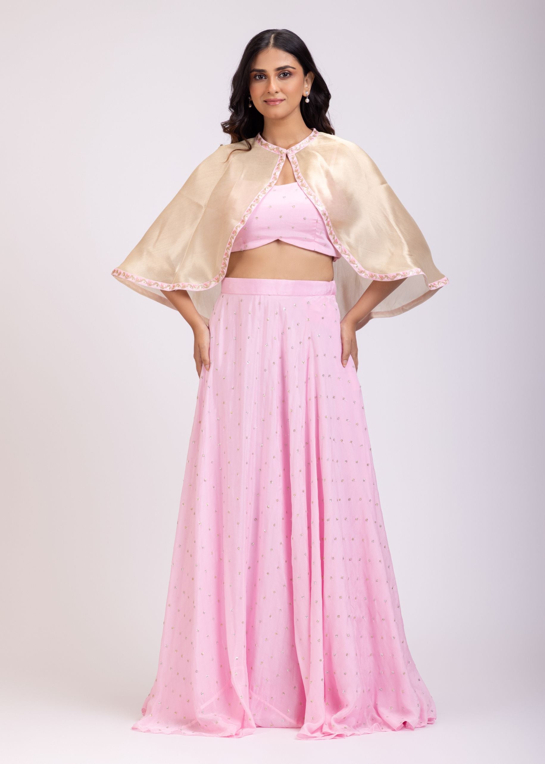 Pink Chiffon Lehenga  Set with Sequins Golden Shrug full