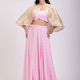 Pink Chiffon Lehenga  Set with Sequins Golden Shrug front