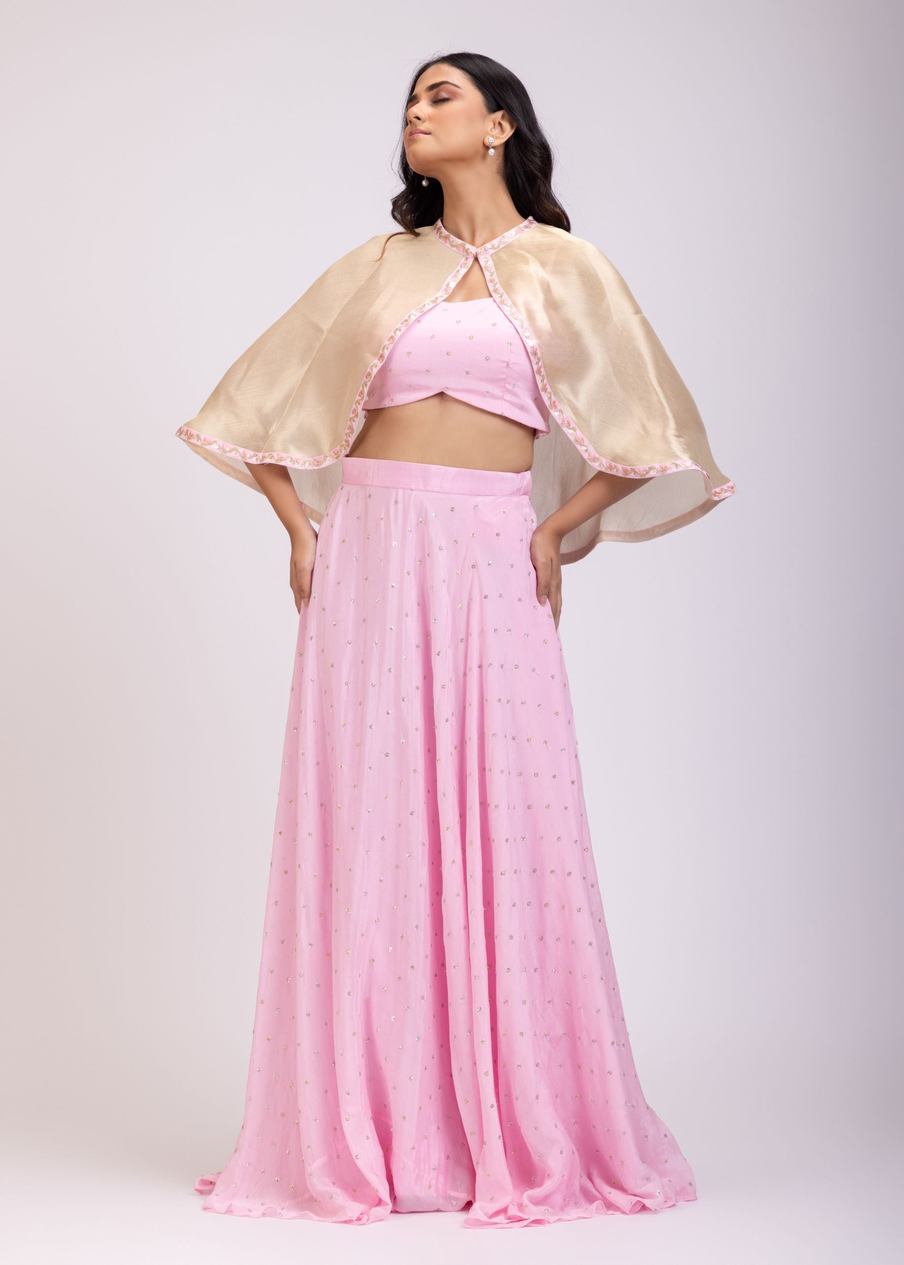 Pink Chiffon Lehenga  Set with Sequins Golden Shrug front