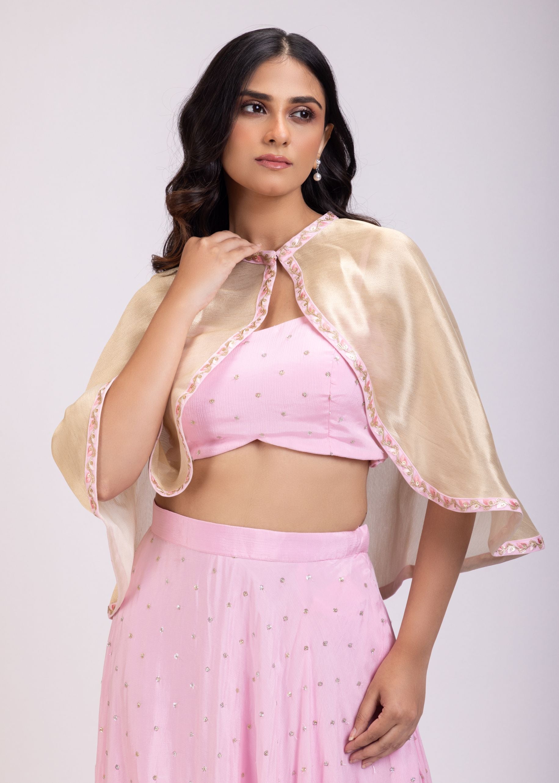 Pink Chiffon Lehenga  Set with Sequins Golden Shrug close up