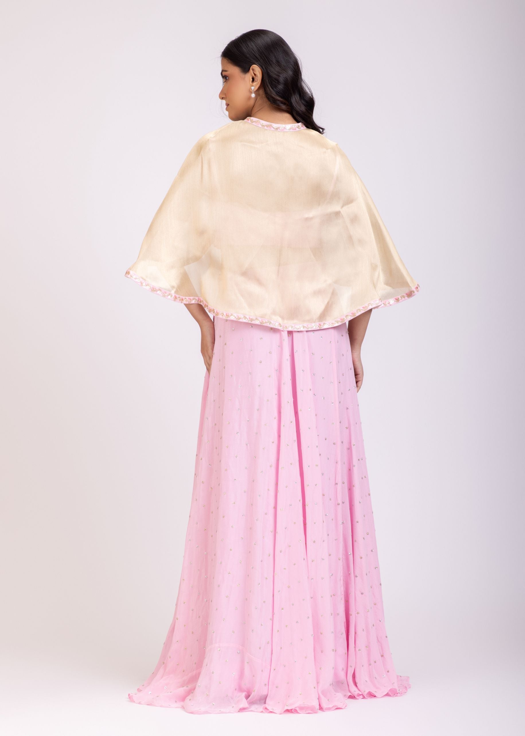 Pink Chiffon Lehenga  Set with Sequins Golden Shrug back