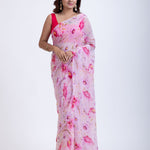 Pink Chiffon Saree with Elegant Floral Prints Full
