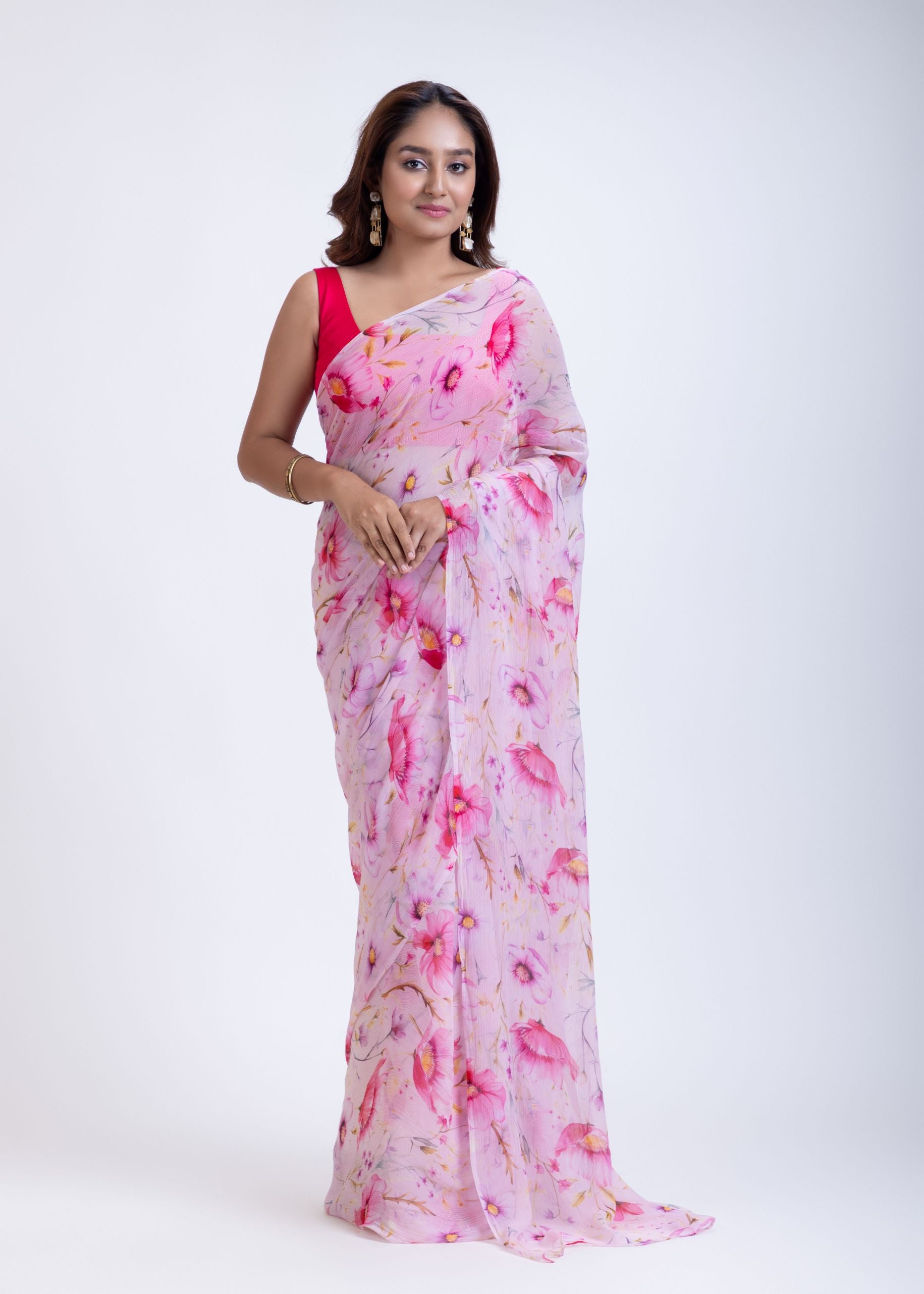 Pink Chiffon Saree with Elegant Floral Prints Full
