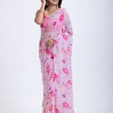 Pink Chiffon Saree with Elegant Floral Prints Front
