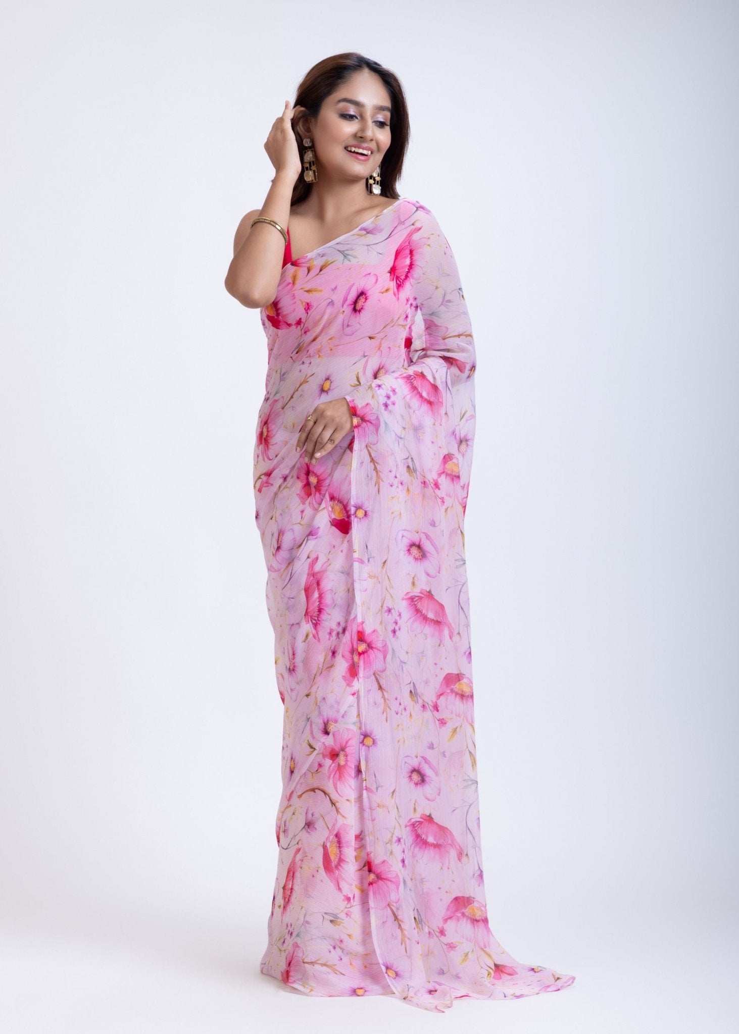 Pink Chiffon Saree with Elegant Floral Prints - Anvi Couture
