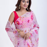Pink Chiffon Saree with Elegant Floral Prints Close Up

