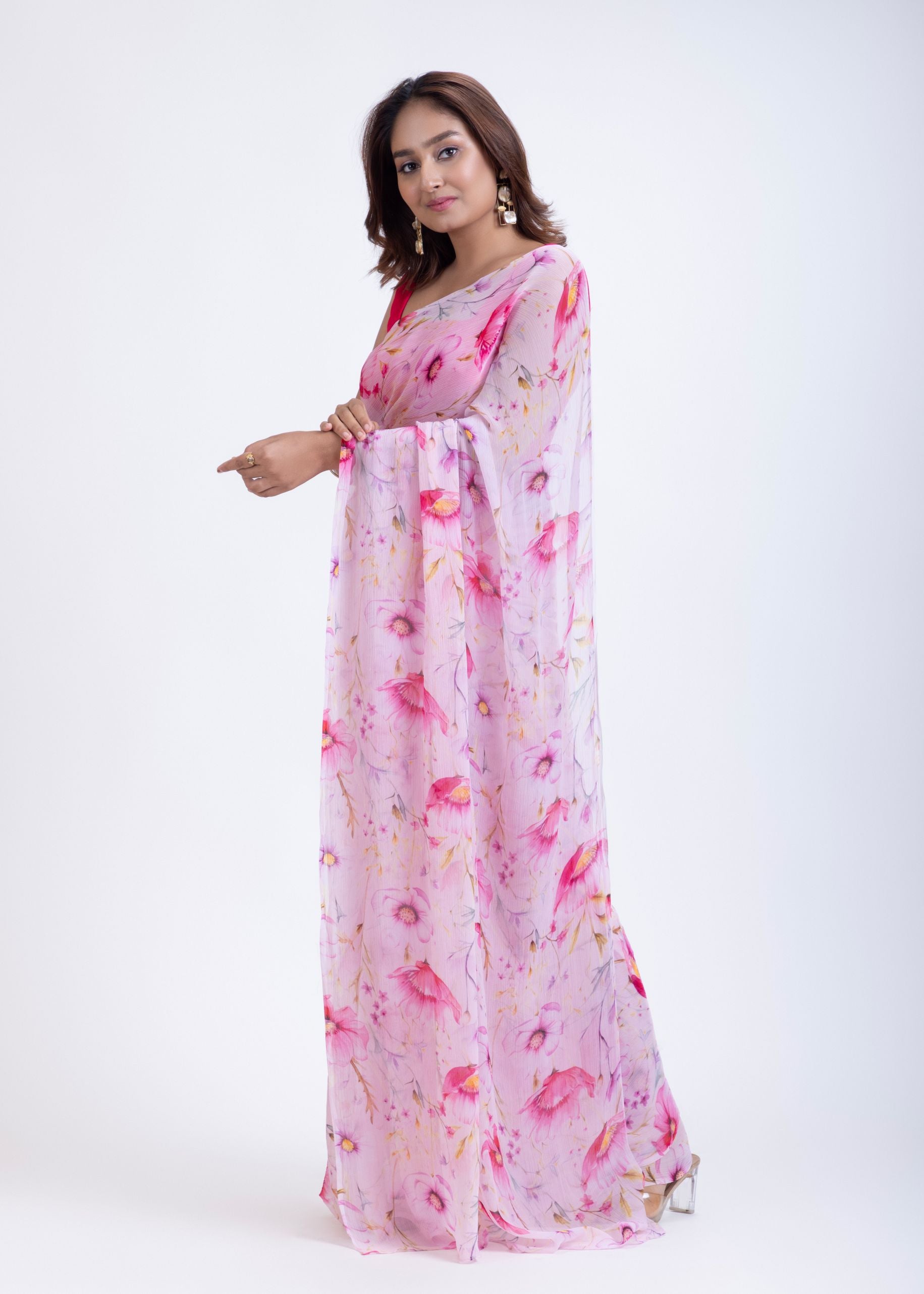 Pink Chiffon Saree with Elegant Floral Prints Back
