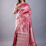 Pink Color Dola Silk Saree with Golden floral Weave - Front View