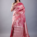 Pink Color Dola Silk Saree with Golden floral Weave - Front View