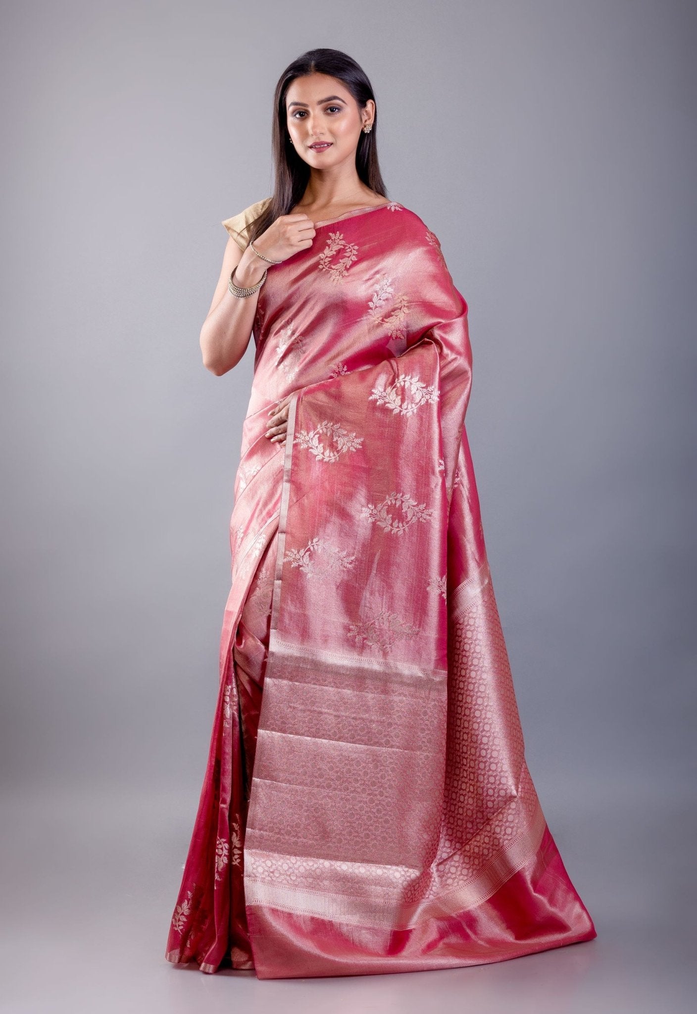 Pink Color Dola Silk Saree with Golden floral Weave - Front View