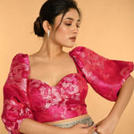 Pink Corset Top in Raw Silk With Three Quarter Sleeves and Sweetheart Neckline - Anvi Couture