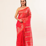 Pink Pure Cotton Linen Saree with Gold Zari Border and Floral Motifs 