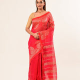 Pink Pure Cotton Linen Saree with Gold Zari Border and Floral Motifs 