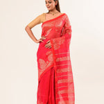 Pink Cotton Linen Saree with Gold Zari Border and Floral Motifs 