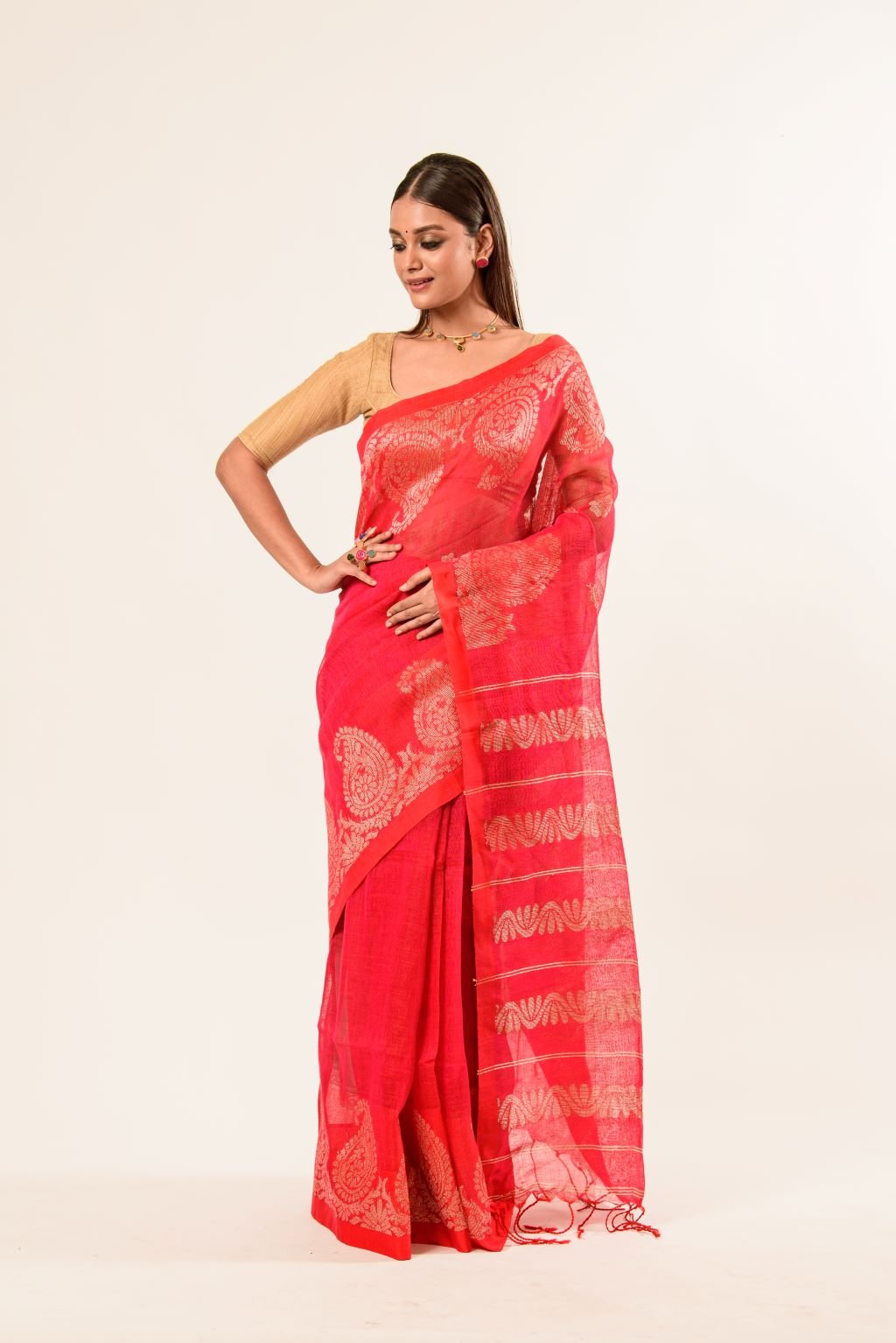 Pink Cotton Linen Saree with Gold Zari Border and Floral Motifs 