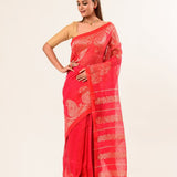 Pink Cotton Linen Saree with Gold Zari Border and Floral Motifs 