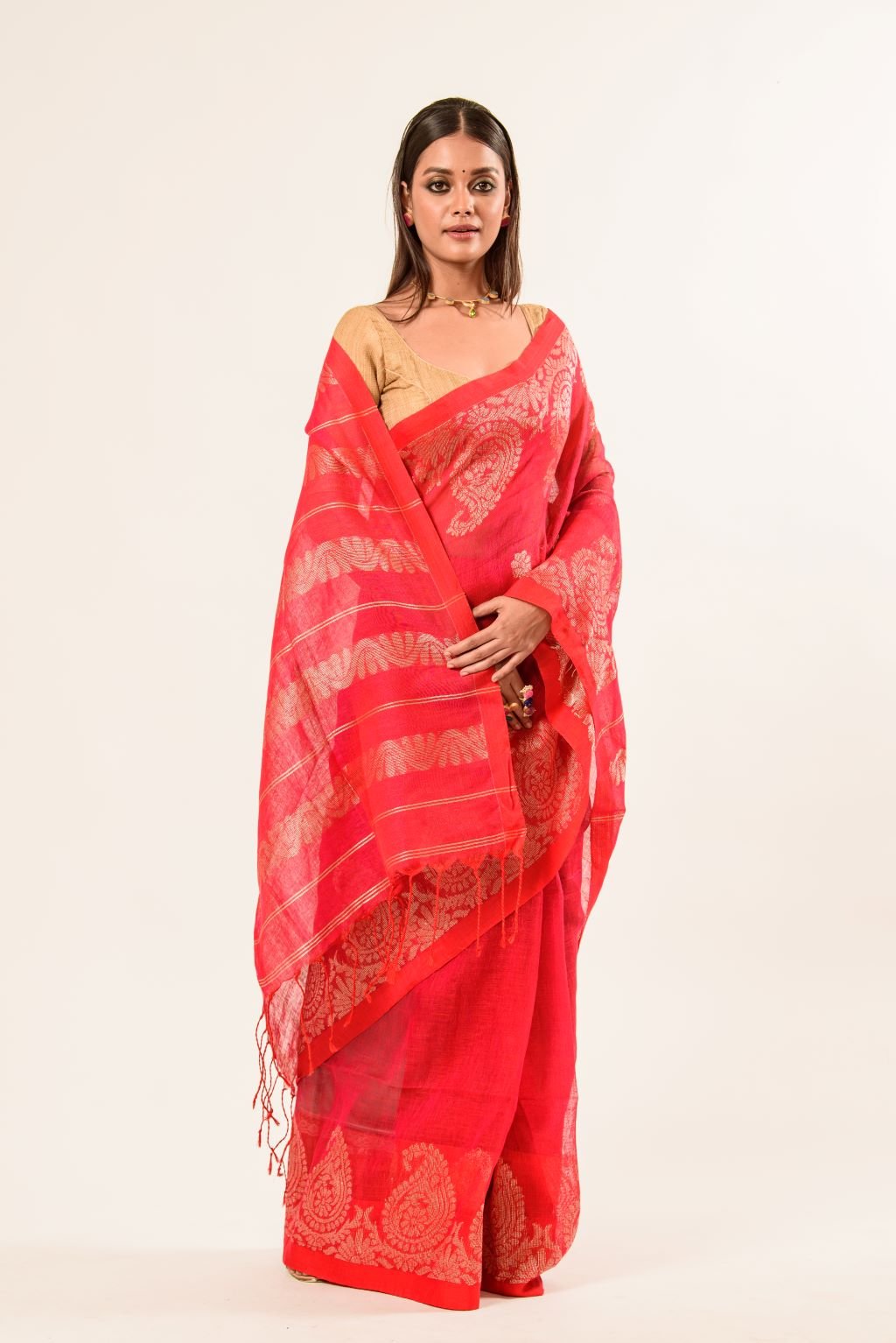 Pink Pure Cotton  Saree with Gold Zari Border and Floral Motifs