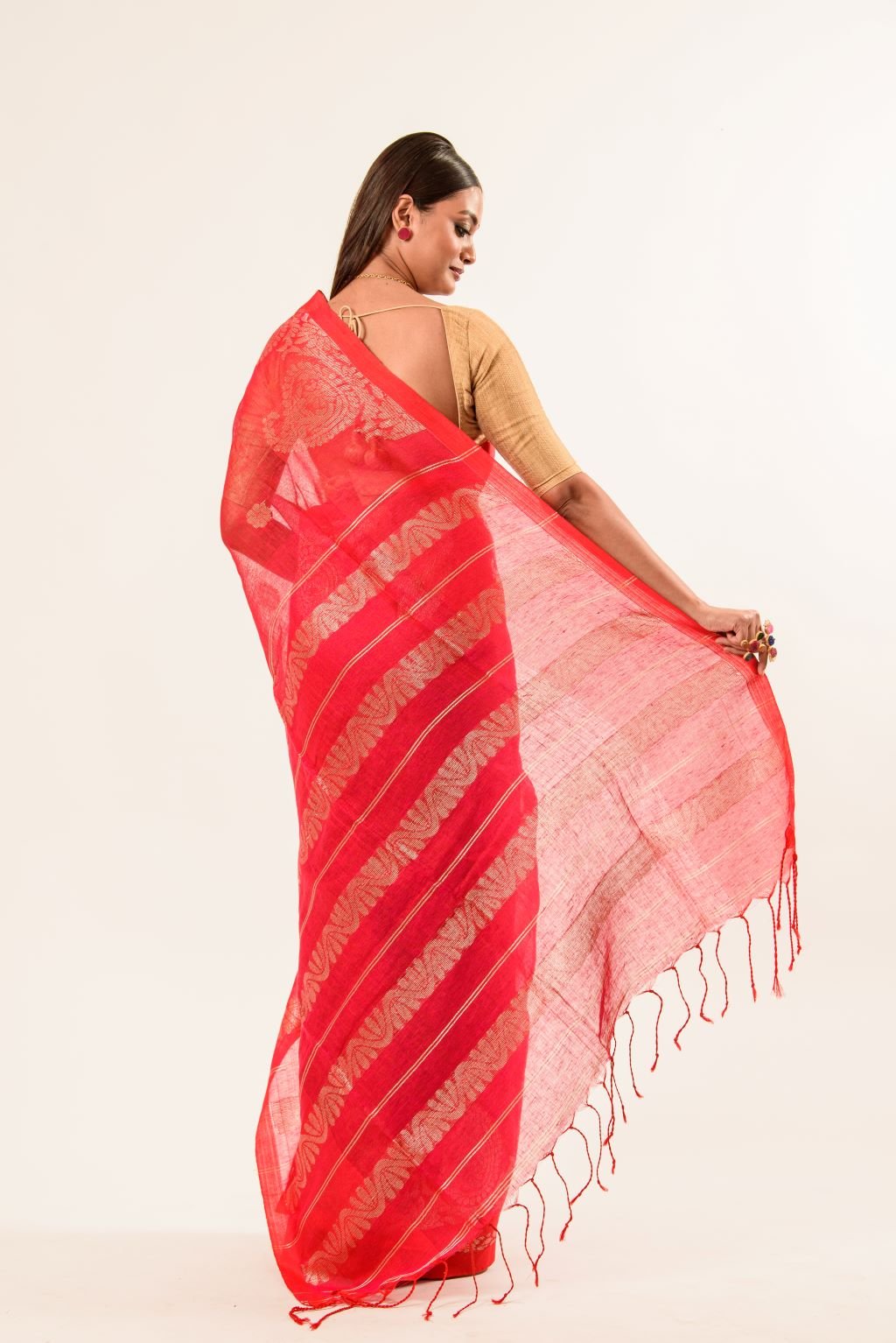Pink Pure Cotton Linen Saree with Zari Border and Floral Motifs