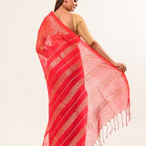 Pink Pure Cotton Linen Saree with Zari Border and Floral Motifs