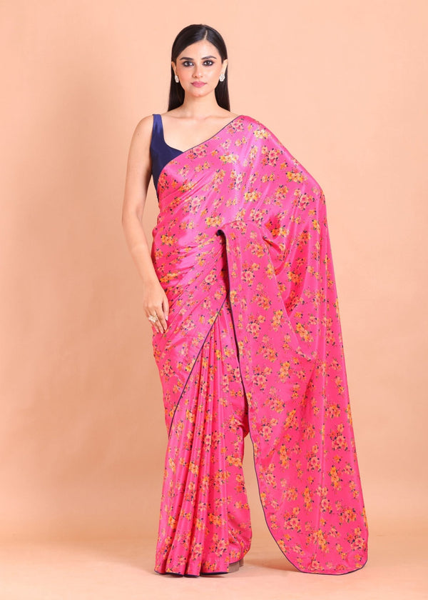 Pink Crepe Silk Floral Printed Saree - Anvi Couture