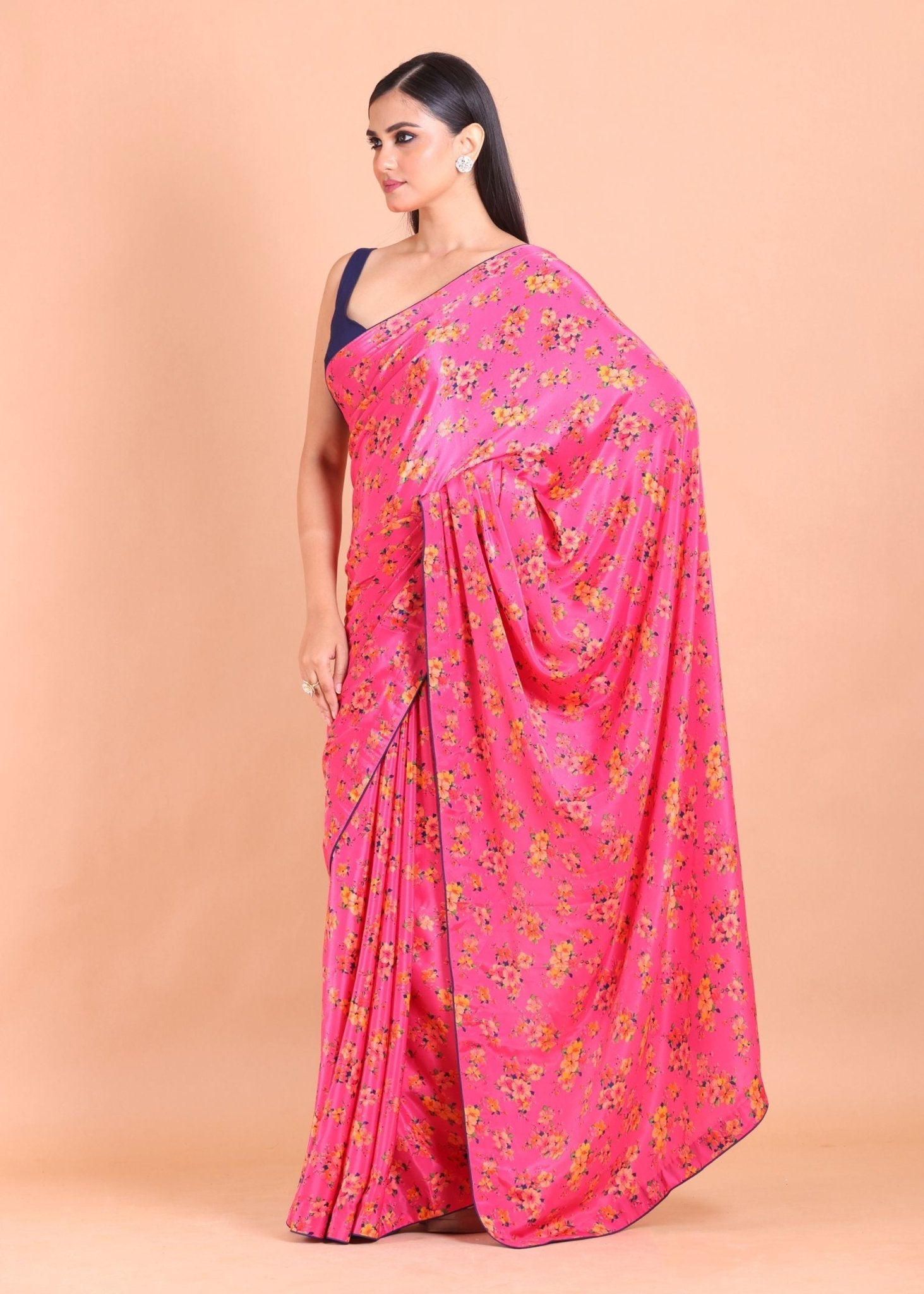 Pink Crepe Silk Floral Printed Saree - Anvi Couture