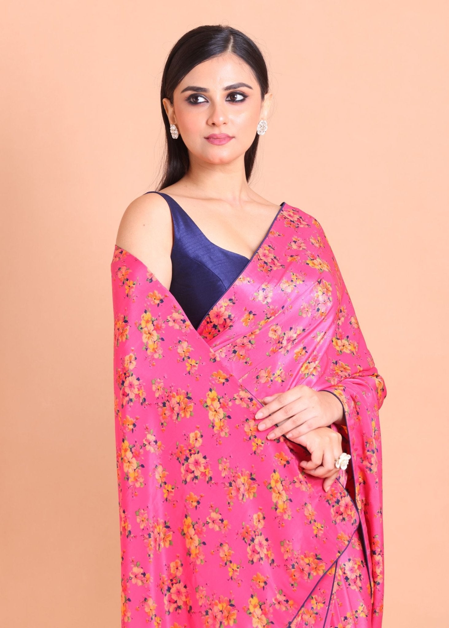 Pink Crepe Silk Floral Printed Saree - Anvi Couture