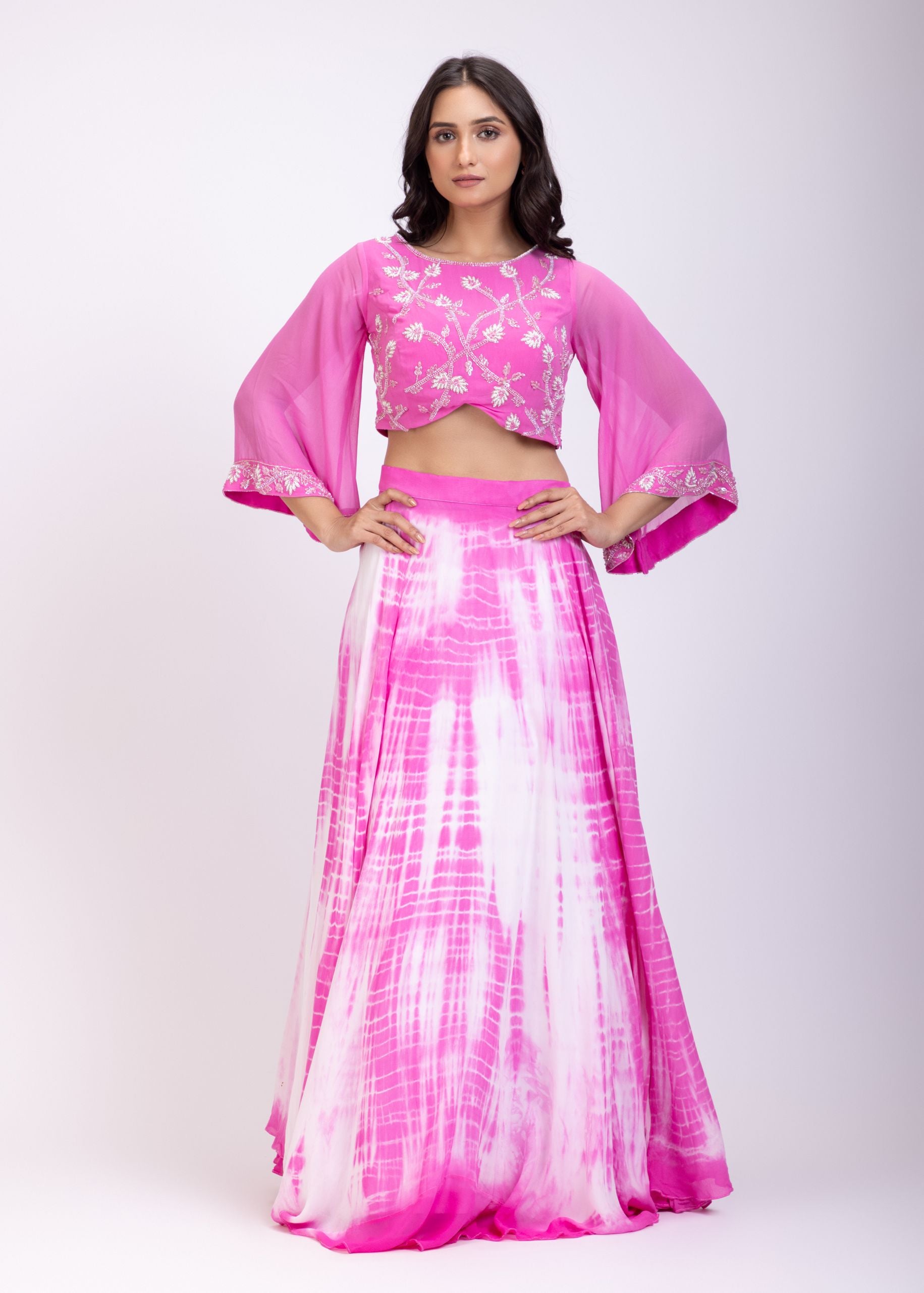 Pink Crop Top Lehenga Set With Hand Embroidered work Full