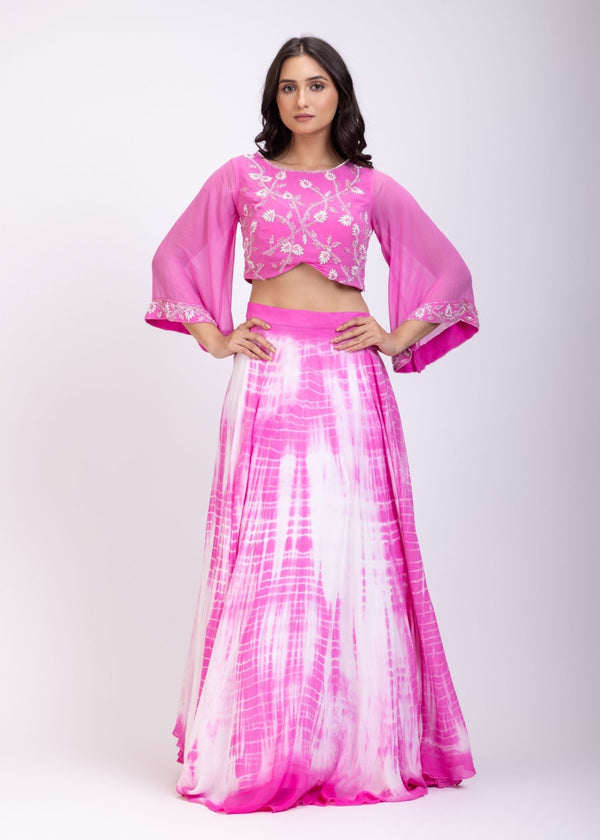 Pink Crop Top Lehenga Set With Hand Embroidered work - Anvi Couture