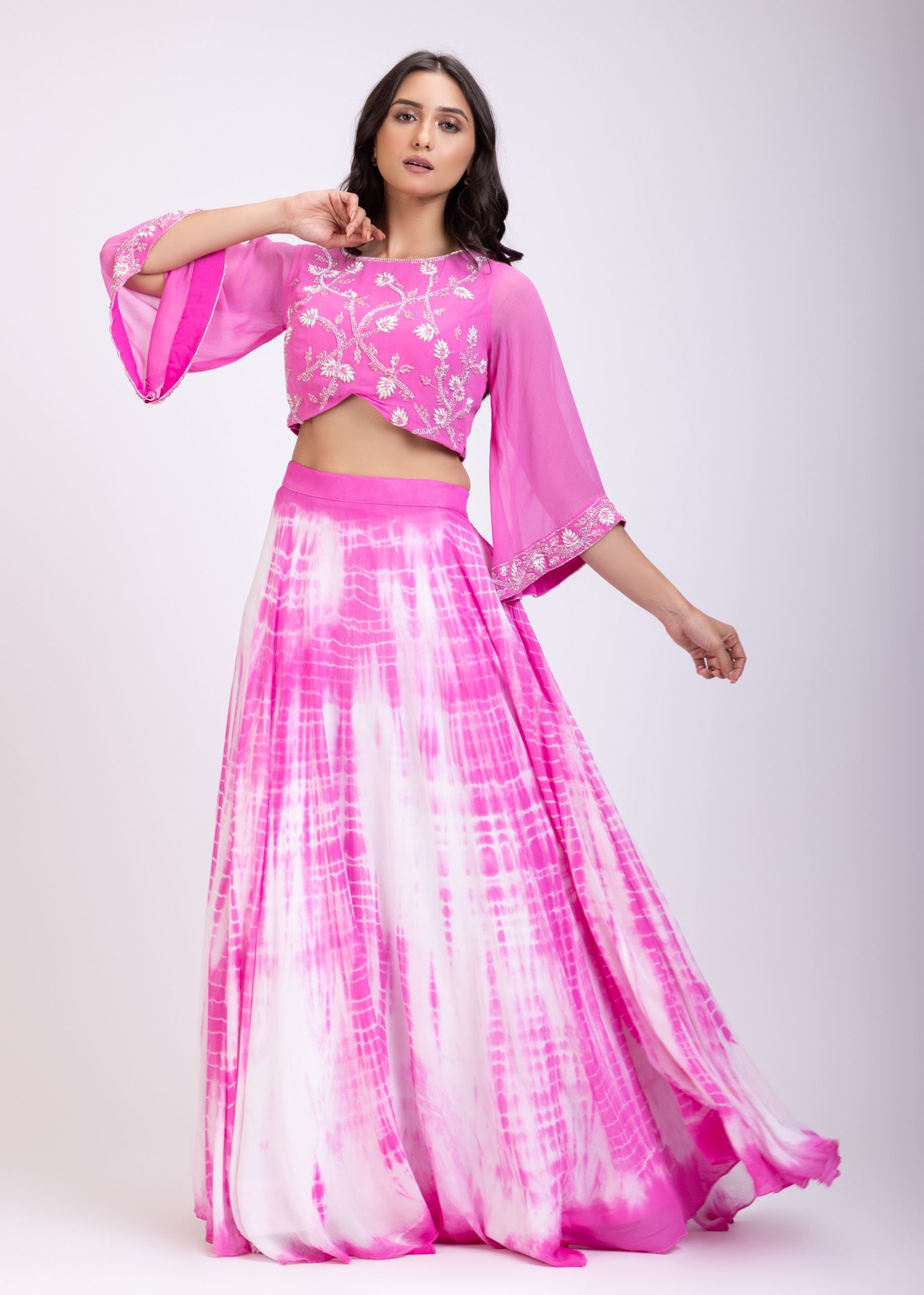 Pink Crop Top Lehenga Set With Hand Embroidered work Front