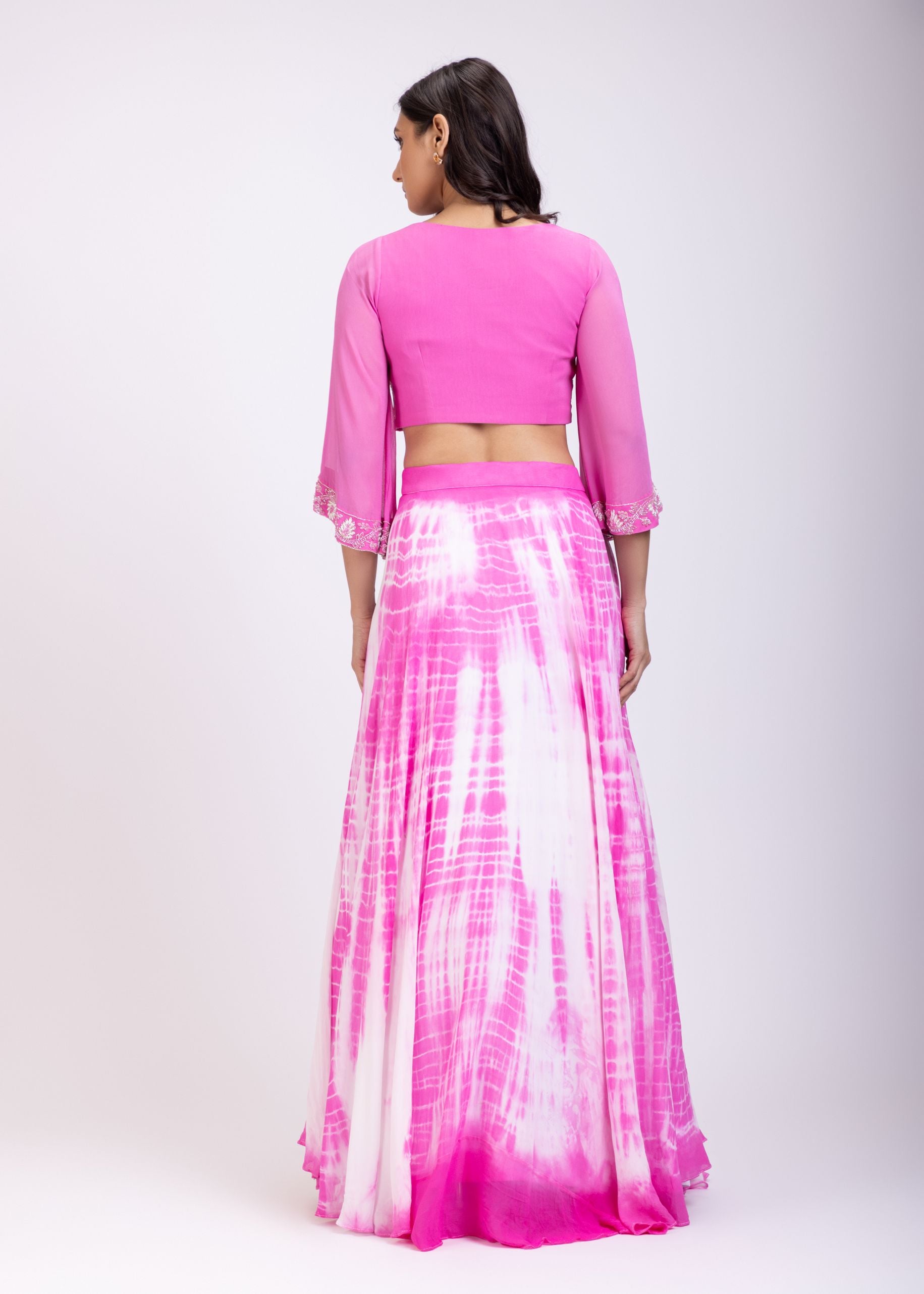 Pink Crop Top Lehenga Set With Hand Embroidered work Back