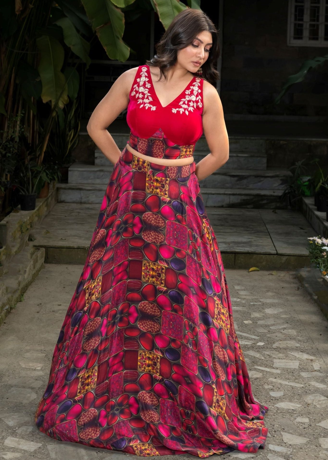 Pink Designer Lehenga Set with Hand Embroidered Velvet Top - Anvi Couture