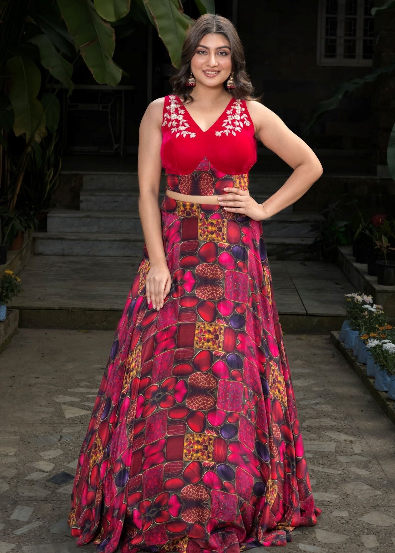 Pink Designer Lehenga Set with Hand Embroidered Velvet Top - Anvi Couture